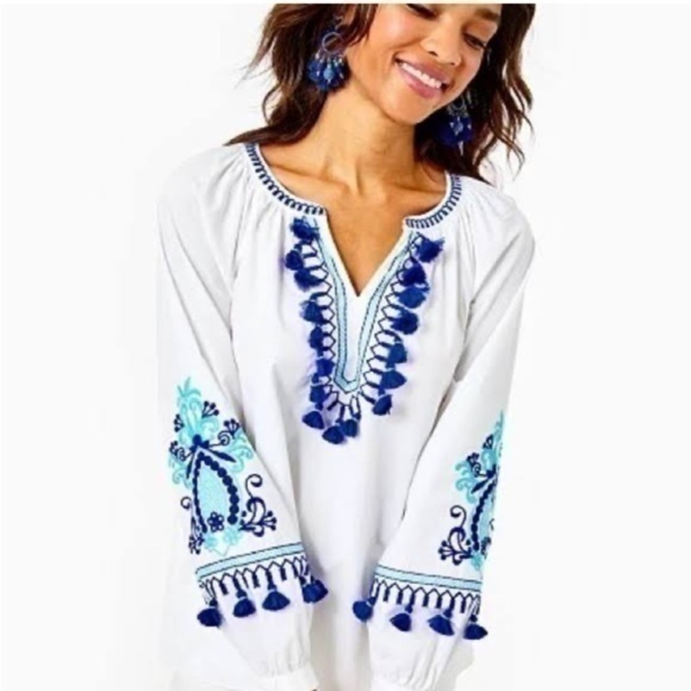 Lilly Pulitzer White Tunic with Blue Embroidery and Tassels